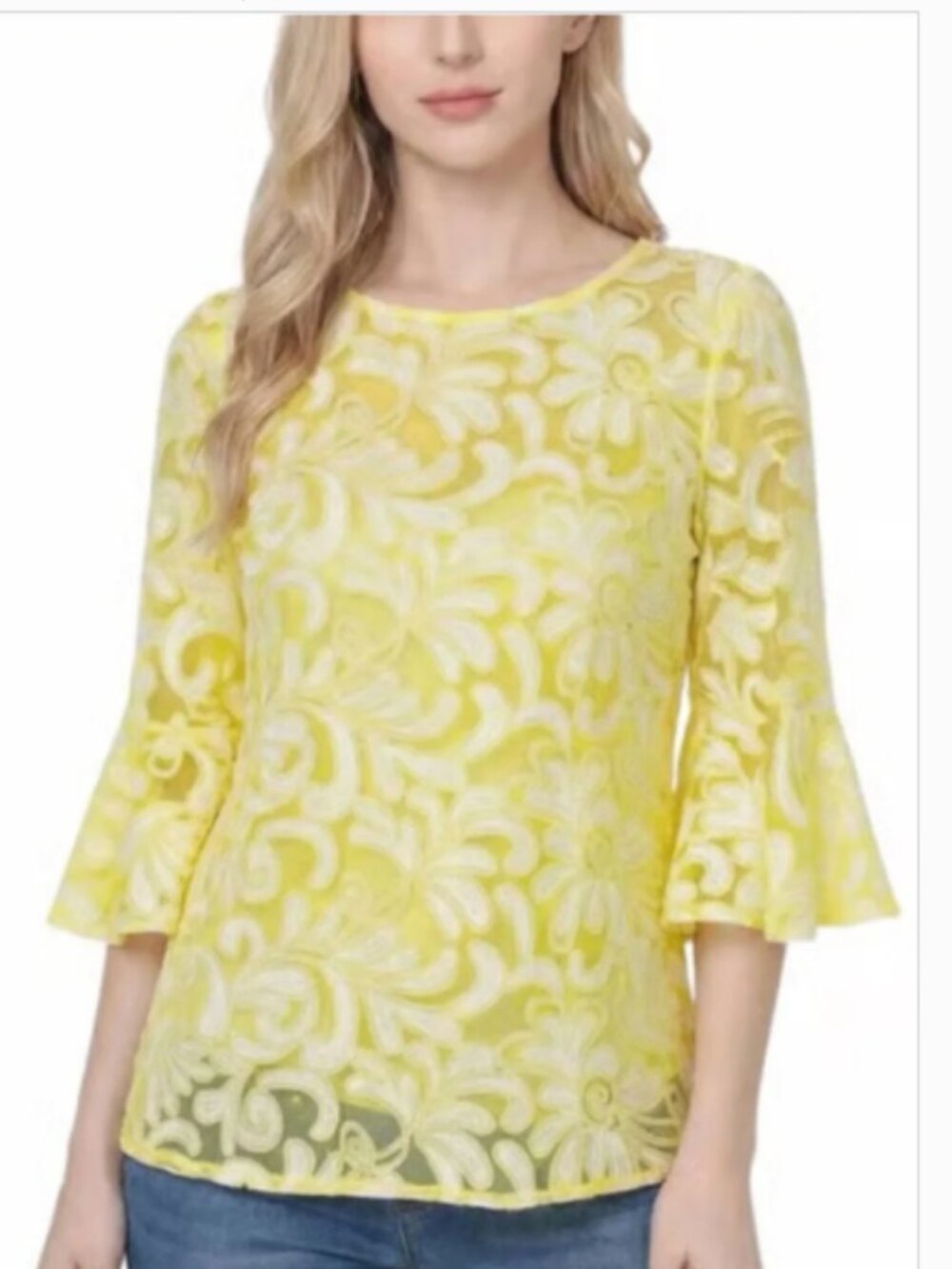 NY Collection Womens Sz Petite Medium Blouse Pale Yellow Floral Lace Bell Sleeve